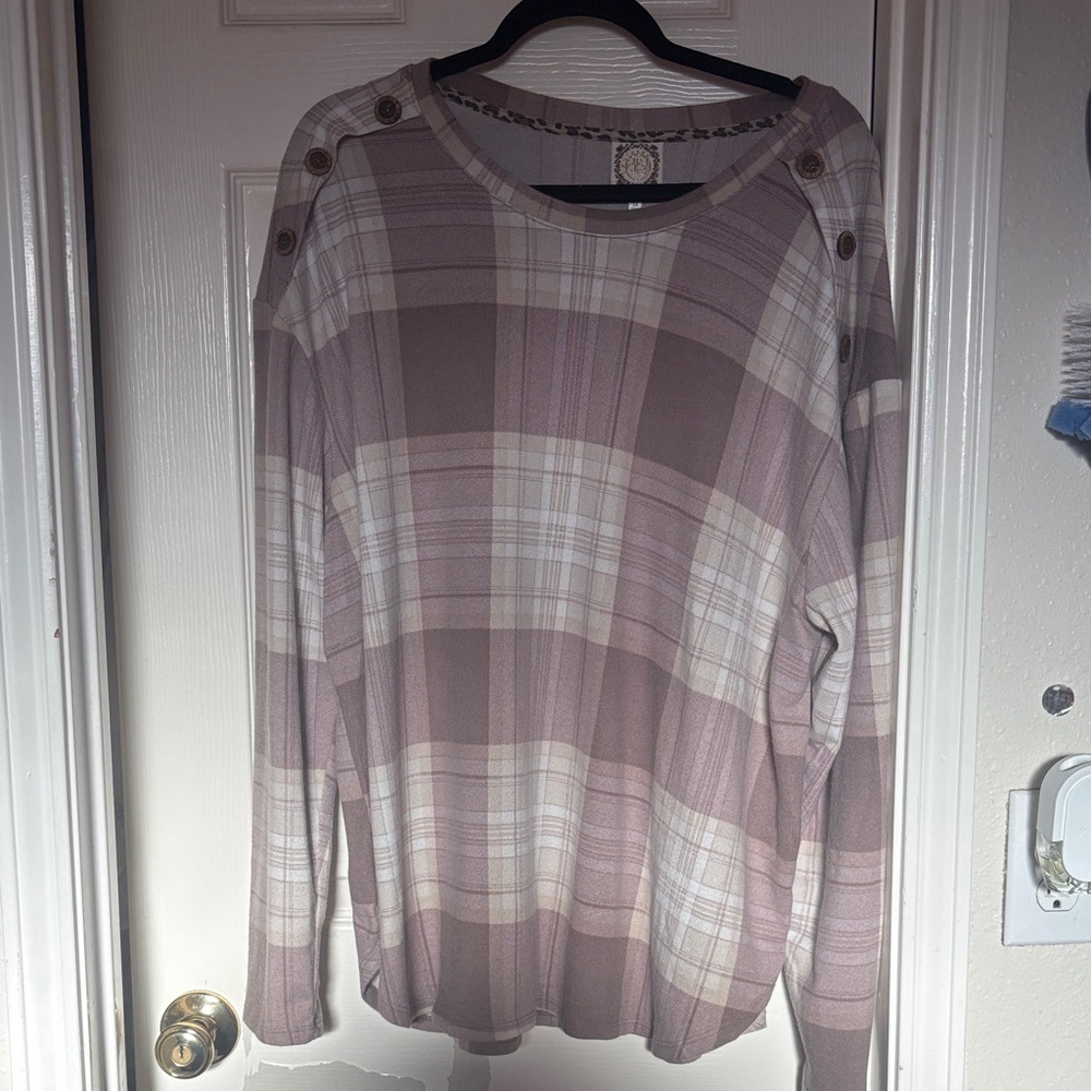 Plaid Button-Shoulder Sweater
